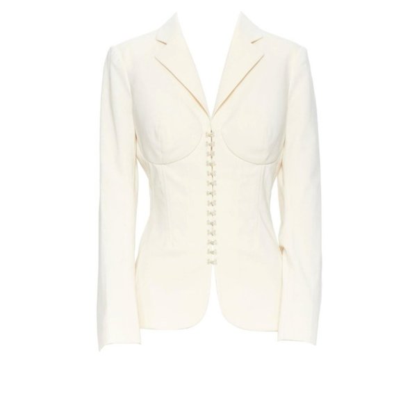 PREOWNED $2K LA PERLA SS17 RUNWAY CORSET CREAM STRETCH WOOL BLAZER IT 46C US 10 - Picture 4 of 15